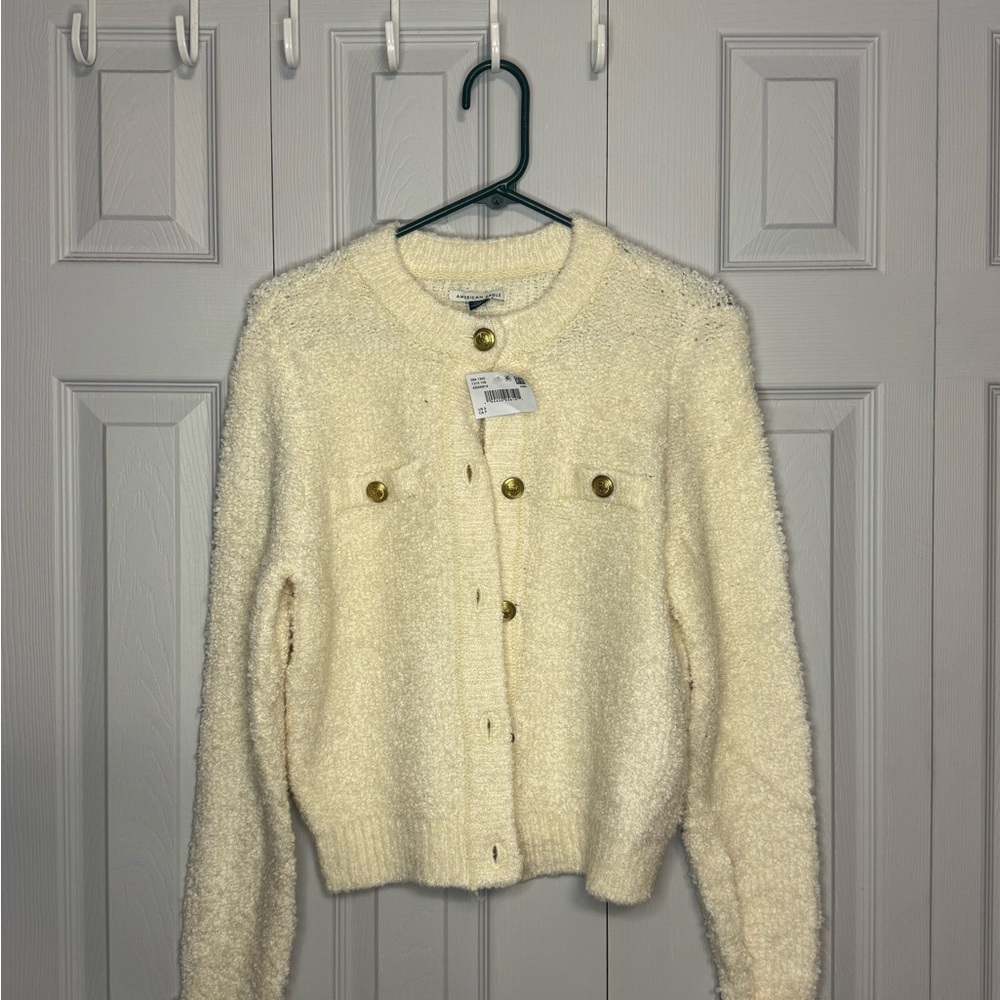 American Eagle Outfitters Cream Knit Cardigan with Gold Accents